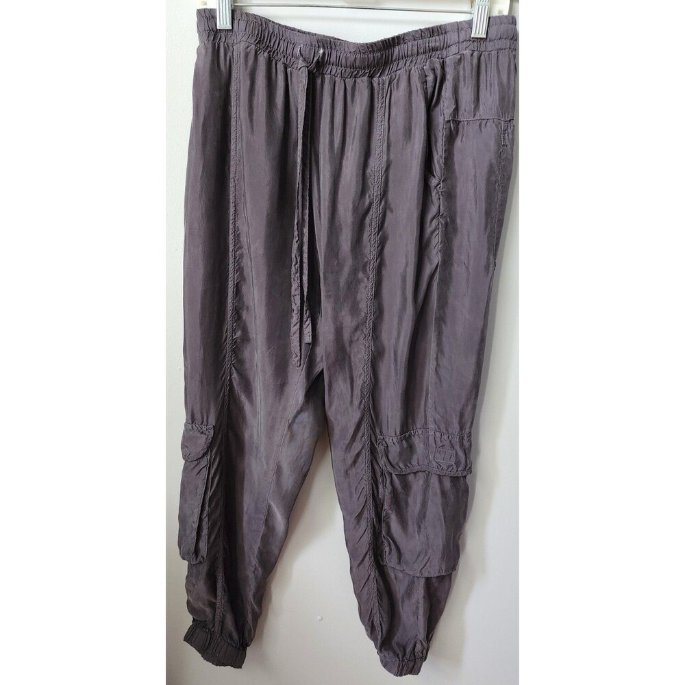 Johnny Was Gray Silky Cupra Jogger Cargo Pants Size Medium Sheen Embroider